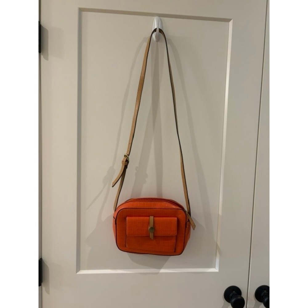 St Johns Bay Orange Textured Crossbody Camera Bag with Tan Adjustable Strap